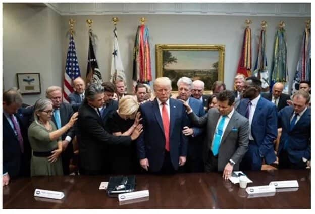 Trump Paula White laying on of hands - Bucks County Beacon - The Christian Right’s Playbook to Elect Donald Trump in November