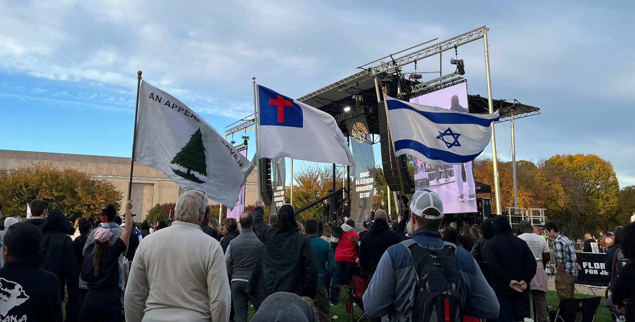 Christian Nationalist Flags1 - Bucks County Beacon - Sean Feucht’s Christian Nationalist Revival in Washington Featured Shofars, ‘Appeal to Heaven’ Flags, Senator Josh Hawley, and Donald Trump