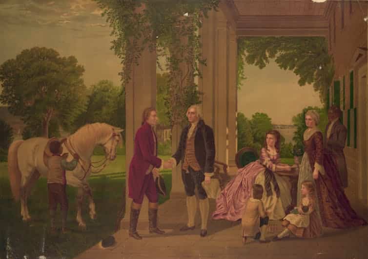 Two men in 18th-century formal wear greet each other in a garden.